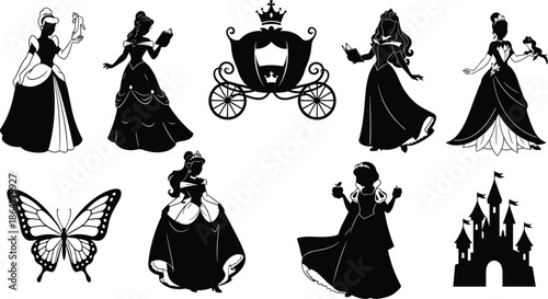 Fairy tale princess icons, royal carriage, magical castle, fantasy elements, enchanted silhouettes, storybook theme, flat vector illustration