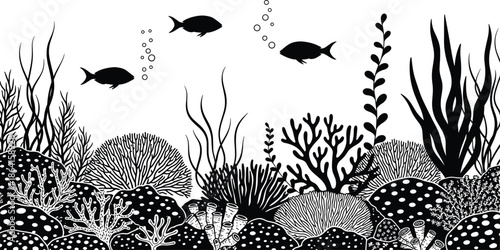 Underwater silhouette, coral reef, marine life, sea turtle, seahorse, fish school, ocean biodiversity, aquatic plants, black and white, nature scene, ecosystem view
