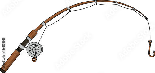 Fishing rod cartoon style, wooden texture, reel mechanism, fish hook, outdoor gear, angling equipment, sport hobby icon - flat vector illustration