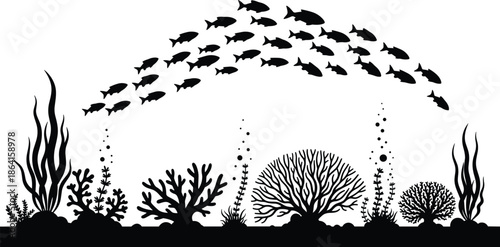 Underwater silhouette, coral reef, marine life, tropical fish, ocean biodiversity, aquatic plants, scuba diving, sea bubbles, black background, nature illustration, ecosystem beauty