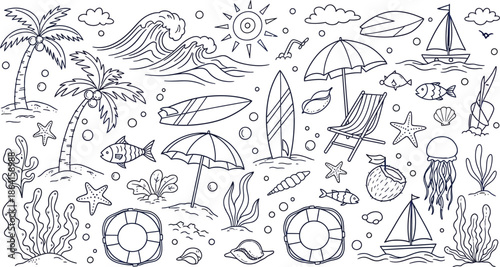 Hand drawn doodle summer beach, hand drawn summer vintage icon set, palm tree, sun and sea, seashells, coral, vector illustration set, drawing ink, vector illustration