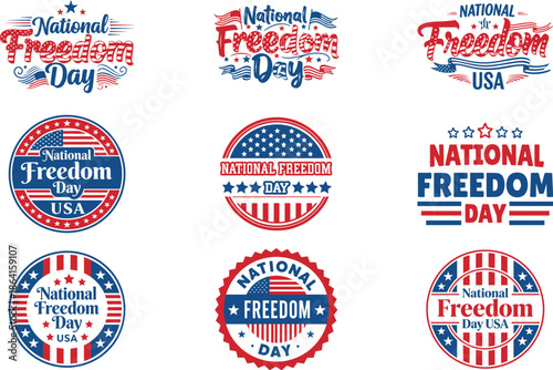 National freedom day USA typography set with patriotic stars stripes and American flag elements vector