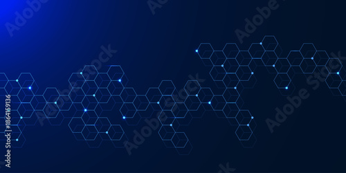 Healthcare and medical background with molecular structure. Abstract hexagons and dots for DNA molecules, chemistry, biology, science and technology concept. Vector