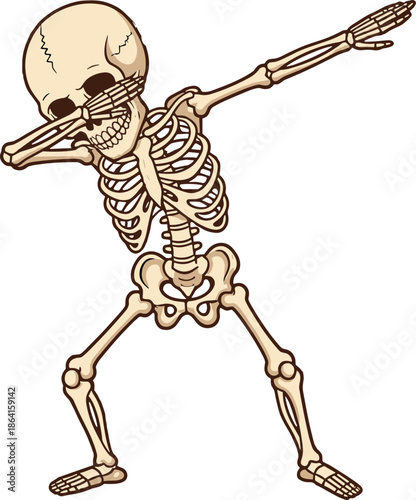 Cartoon skeleton character doing dab pose, humorous dance move, pop culture meme, bones and gesture - flat vector illustration