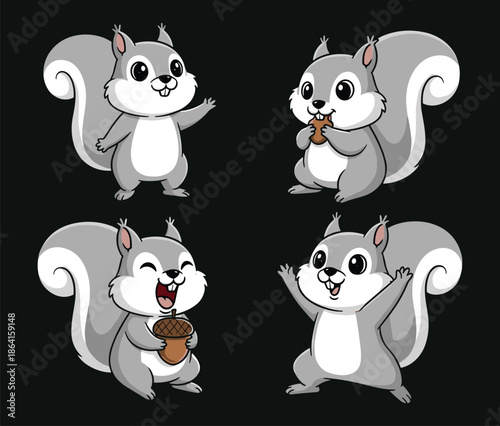 Cartoon squirrel character in four poses, gray fur, bushy tail, acorn holding, expressive face, cute style - flat vector illustration