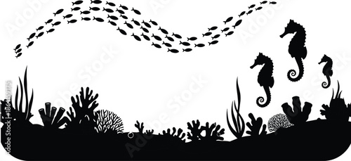 Underwater silhouette, coral reef, seahorses, marine life, fish school, ocean biodiversity, aquatic plants, black and white, nature scene, reef ecosystem, sea habitat
