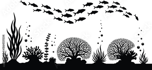 Underwater silhouette, marine biodiversity, fish school, coral reef, ocean plants, aquatic nature, black and white, bubbles rising, sea ecosystem, illustration