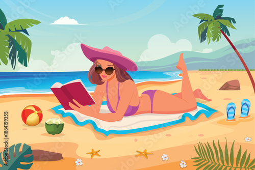 Woman Reading Book While Lying on Sandy Beach, Woman Lying on Beach Reading a Book, Woman Lying on Beach Reading Book by the Ocean