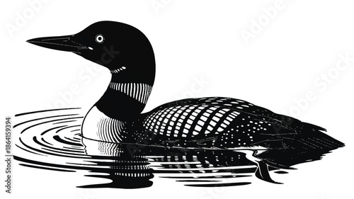 A black and white linocut illustration of a loon swimming on water.