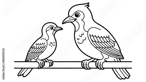 An adult bird and a chick perched together on a branch, ready for coloring