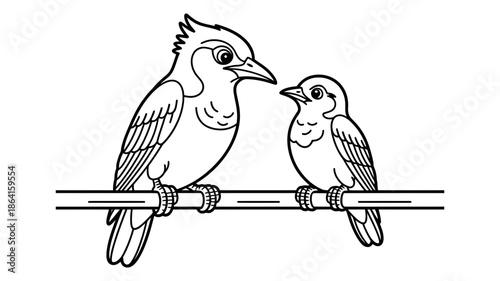 A coloring page featuring two charming birds, a large and a small one, perched together on a branch