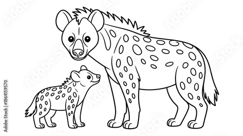 A spotted hyena mother and her cute cub standing together, ready for coloring fun