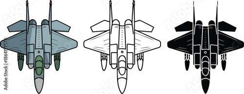 Fighter jet silhouette & Outline and illustration set isolated on transparent background