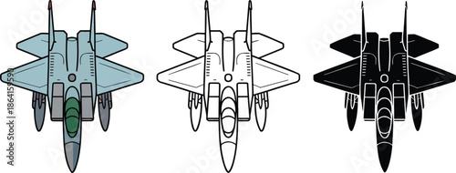 Fighter jet silhouette & Outline and illustration set isolated on transparent background