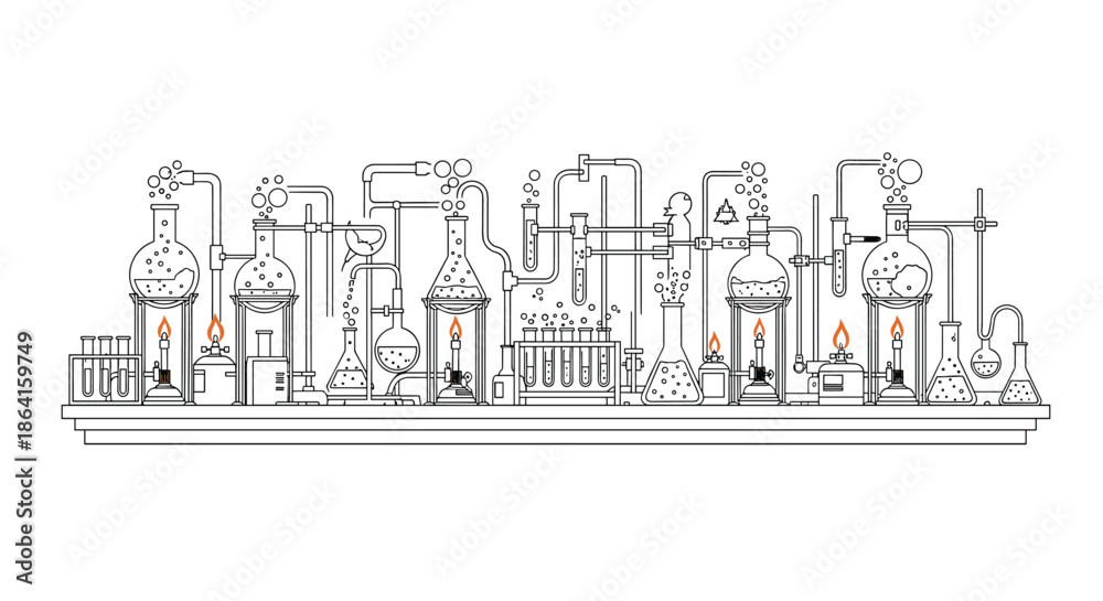 Obraz premium Highly detailed line art illustration of a complex chemistry laboratory setup with various flasks, test tubes, burners, and pipes.