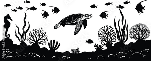 Underwater silhouette, sea turtle, seahorse, coral reef, marine life, fish school, ocean biodiversity, aquatic plants, black and white, nature scene, ecosystem view