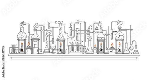 Highly detailed line art illustration of a complex chemistry laboratory setup with various flasks, test tubes, burners, and pipes.