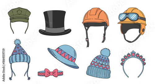 Diverse collection of various types of hats and headgear including a police cap, top hat, safety helmet, winter beanies, and a crown.