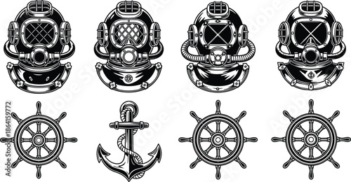 Vintage diving helmet, nautical symbols, ship wheel, anchor rope, maritime design, black silhouette, ocean theme, marine icon, underwater gear, retro style
