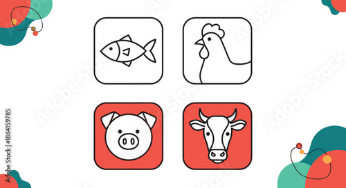 Simple square icons representing four common sources of meat including fish, chicken, pig, and a cow, colored in white and red.