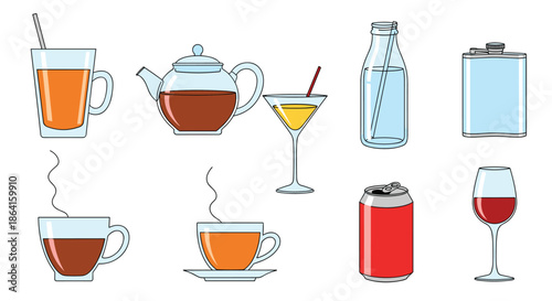 Assortment of diverse beverage containers including a tea mug, teapot, cocktail glass, water bottle, flask, and a cold soda can.