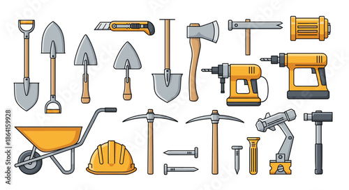 Extensive collection of construction and gardening tools including shovels, axes, saws, drills, wheelbarrow, hard hat, and nails.