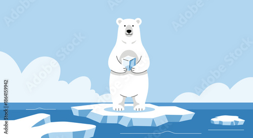 Lone polar bear standing on a floating iceberg in the arctic ocean holding a small ice cube under a clear blue sky.
