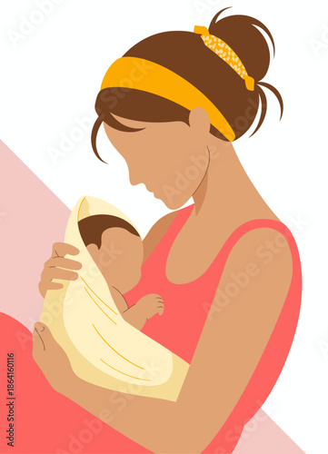 A nurturing mother gently cradles her newborn baby in a soft wrap, capturing the tenderness of motherhood and the deep emotional bond that exists between them.