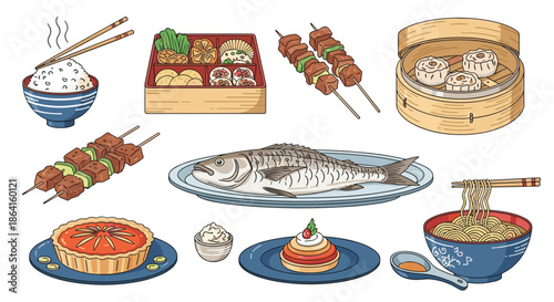 Wide selection of traditional food illustrations featuring a bento box, rice bowl, meat skewers, whole fish, noodles, and a savory tart.