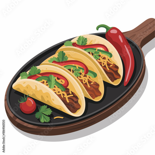 A beautifully arranged serving of tacos on a sizzling cast-iron platter, including fresh garnishes. The vibrant colors and textures evoke a mouthwatering culinary delight.