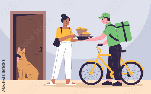 A delivery person on a bike presents a takeout order to a smiling woman at her door while a dog watches, showcasing the convenience of food delivery services.