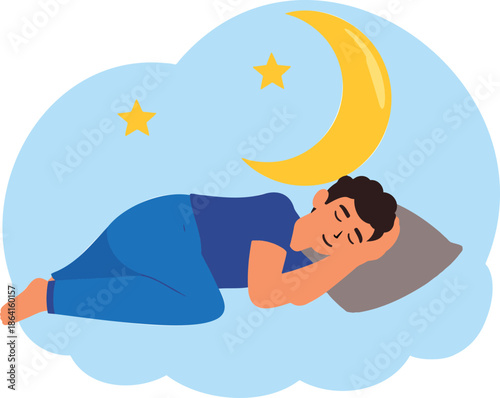 Peaceful man sleeping soundly on fluffy cloud under starry night sky