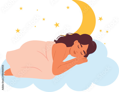 Woman peacefully sleeping on cloud under crescent moon with stars