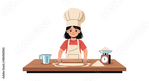 Diligent young girl wearing a chef hat and apron rolling out dough on a wooden table with various baking tools and ingredients.