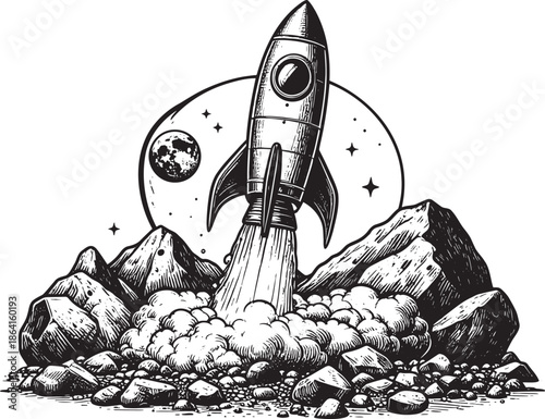 Rocket launching into space with moon and stars in background