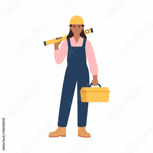 This image portrays a confident woman in work attire holding a level and toolbox, representing empowerment, skills, and the growing presence of women in traditionally male-dominated fields.
