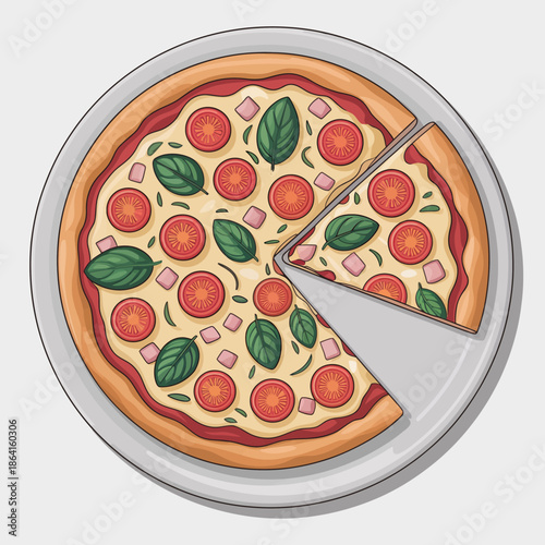 This tempting image of a fresh pizza loaded with vibrant toppings showcases the delightful combination of flavors, creating an inviting and appetizing culinary masterpiece.