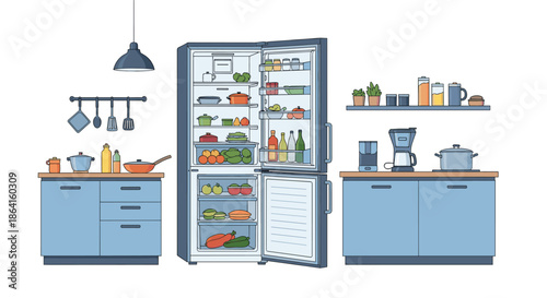 Modern kitchen interior with blue cabinets and an open refrigerator stocked with fresh food and drinks in a minimalist style.