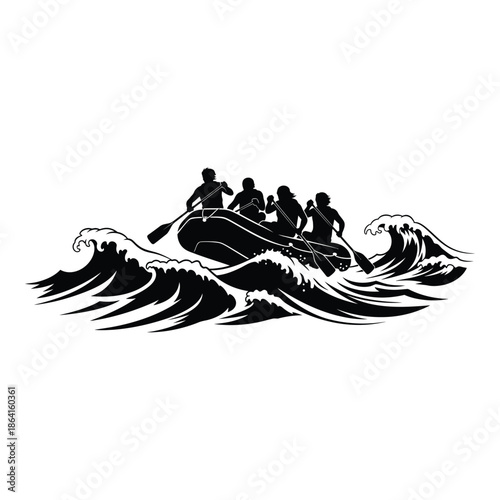 A team of rowers navigate turbulent waters in an inflatable raft