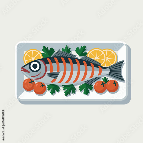 A beautifully arranged platter of fish garnished with fresh vegetables and citrus, showcasing culinary artistry and the appeal of seafood on a clean background.