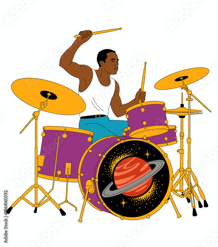 This vibrant illustration of a drummer performing on a colorful drum set represents energy, creativity, and the universal language of music that transcends boundaries.