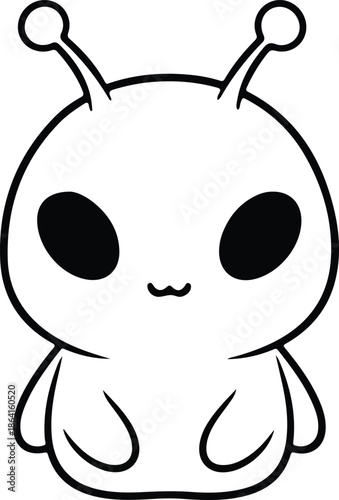 Cute Chibi Alien Character Black and White Vector Illustration Isolated on White