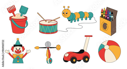 Diverse collection of colorful children's toys including sand tools, a drum, toy car, crayons, and a friendly clown character.