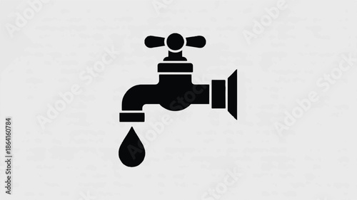 A minimalist black and white icon design of a water faucet with a single drop of water.
