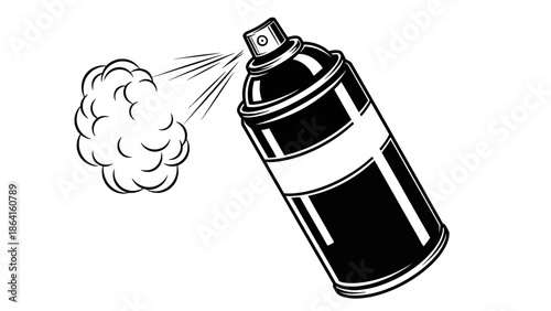 Dynamic black spray paint can actively releasing a cloud of mist, depicting motion and creativity, isolated white background.