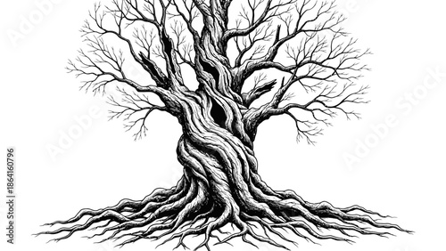 Ancient gnarled bare tree with thick, twisting trunk and exposed roots, isolated white background