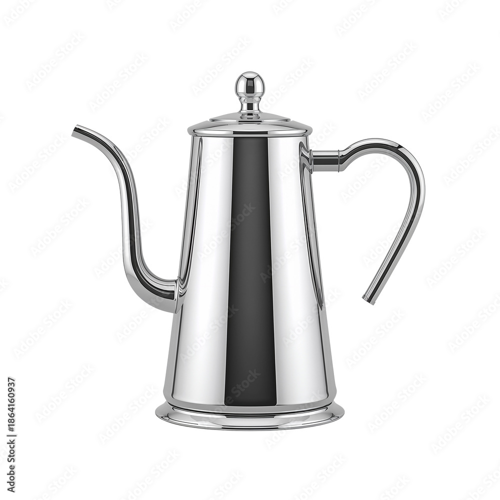 Obraz premium Polished Metal Pour Over Coffee Kettle with Long Spout and Curved Handle