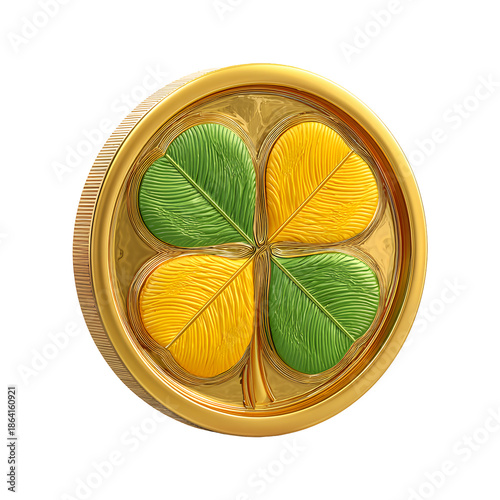 Golden coin featuring a vibrant four leaf clover design in the center