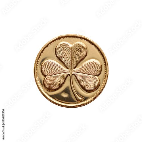 A golden coin featuring a raised relief of a four leaf clover design