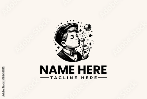 A black and white illustration of a businessman's head with a thoughtful expression, surrounded by stars and bubbles, with a placeholder text for a logo and tagline on a plain background.